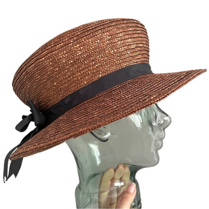 Vintage April Cornell Brown Straw Hat w/ Black Grosgrain Bow